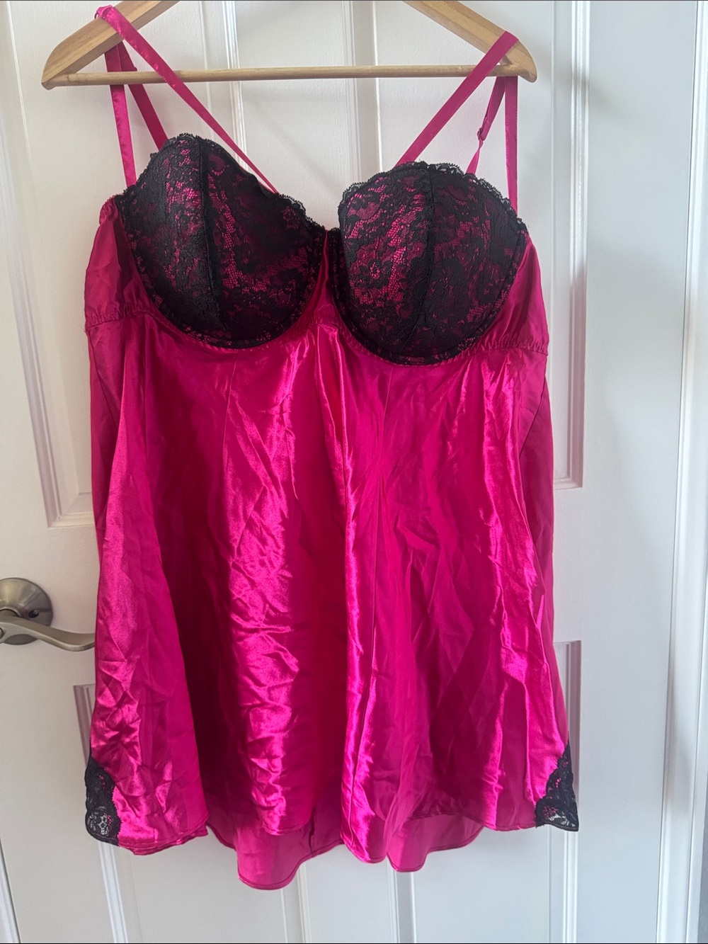 Cacique Hot Pink Satin Chemise with Black Lace Cups